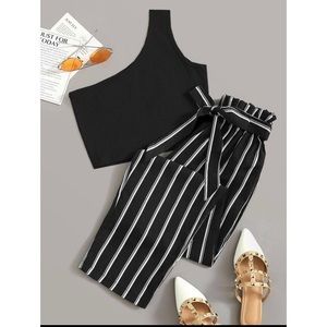 One shoulder Rib knit Top & Belted Striped Pants